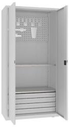 MALOW Fém műhelyszekrény perforált panellel, 199 x 100 x 50 cm, 4 fiókos, szürke/szürke