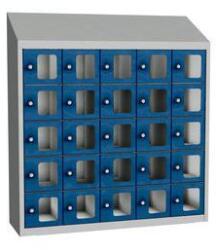 Malow Olaf hegesztett szekrény személyes tárgyakra áttetsző ajtóval, 25 box, elfordítható zár, szürke/sötétkék