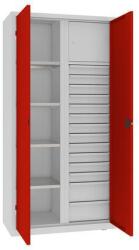 MALOW Fém műhelyszerszámszekrény fiókokkal, 199 x 100 x 50 cm, 14 fiókos, szürke/piros