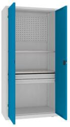 MALOW Fém műhelyszekrény perforált panellel, 199 x 100 x 50 cm, 2 fiókos, szürke/világoskék