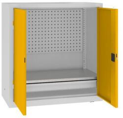 MALOW Fém műhelyszekrény perforált panellel, 104 x 100 x 50 cm, 1 fiók, szürke/sárga
