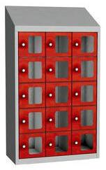 Malow Olaf hegesztett szekrény személyes tárgyakra áttetsző ajtóval, 15 box, elfordítható zár, szürke/piros