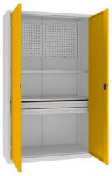 MALOW Fém műhelyszekrény perforált panellel, 199 x 120 x 50 cm, 2 fiókos, szürke/sárga