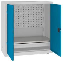 MALOW Fém műhelyszekrény perforált panellel, 104 x 100 x 50 cm, 1 fiókos, szürke/világos. kék