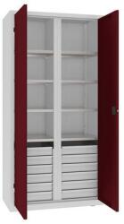 MALOW Fém műhelyszerszámszekrény fiókokkal, 199 x 100 x 50 cm, 12 fiók, szürke/sötét. piros