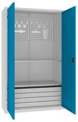 MALOW Fém műhelyszekrény perforált panellel, 199 x 120 x 50 cm, 4 fiókos, szürke/világoskék