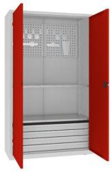 MALOW Fém műhelyszekrény perforált panellel, 199 x 120 x 50 cm, 4 fiókos, szürke/piros