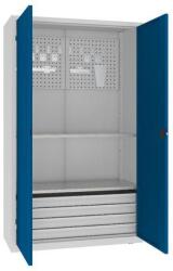 MALOW Fém műhelyszekrény perforált panellel, 199 x 120 x 50 cm, 4 fiókos, szürke/sötét. kék