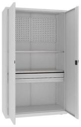 MALOW Fém műhelyszekrény perforált panellel, 199 x 120 x 50 cm, 2 fiókos, szürke/szürke