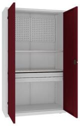 MALOW Fém műhelyszekrény perforált panellel, 199 x 120 x 50 cm, 2 fiókos, szürke/sötét. piros