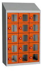 Malow Olaf hegesztett szekrény személyes tárgyakra áttetsző ajtóval, 15 box, elfordítható zár, szürke/narancssárga