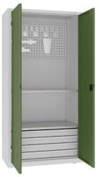 MALOW Fém műhelyszekrény perforált panellel, 199 x 100 x 50 cm, 4 fiókos, szürke/zöld