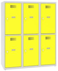 Malow Alacsony iskolai öltözőszekrény, 6 rekeszes, 400 mm, szürke/sárga, forgóretesszel