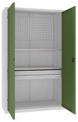 MALOW Fém műhelyszekrény perforált panellel, 199 x 120 x 50 cm, 2 fiók, szürke/zöld