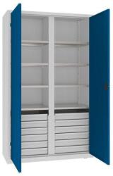 MALOW Fém műhelyszerszámszekrény fiókokkal, 199 x 120 x 50 cm, 12 fiók, szürke/sötét. kék