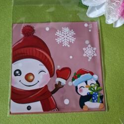  DCS82 - Karácsonyi mintás mikulás tasak - rózsaszín hátuljú/ Hóember és pingvin 10x13cm