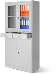 JAN NOWAK EDMUND Fém iratszekrény vitrinnel és fiókokkal, 900x1850x450, modell szürke