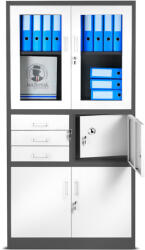 JAN NOWAK FILIP Fém iratszekrény széffel, vitrinnel és fiókokkal, 900x1850x450, modell antracit-fehér