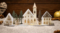 TRACON Tracon CHRVILC10WW LED karácsonyi falu, fa, elemes (X24004), Timer 6+18h, 10LED, 3000K, 2xAA (CHRVILC10WW)