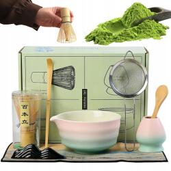 Bedee Matcha Szett 8 Elem Kerámia Bambusz Rózsaszín Ideális Ajándék (Zestaw do parzenia herbaty matcha)