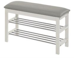 HM Suport pentru pantofi HM ST11, cu bancheta, lemn masiv, piele ecologica, 2 rafturi metalice, capacitate 8 perechi, alb (00002947) Pantofar