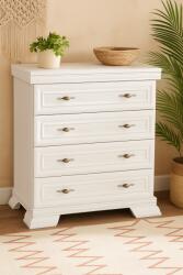 Vamy Comoda dormitor VM2, Pal Melaminat, cu 4 sertare, cu elemente din MDF, Alb Antichizat (00003937) Comoda