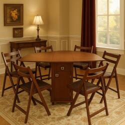 CEGIM Set masa plianta cu spatiu depozitare, usa si sertar, Pal Melaminat, 160x96x80 cm si 6 scaune pliante lemn, tapitate cu piele ecologica, wenge (S2078,2090x6)