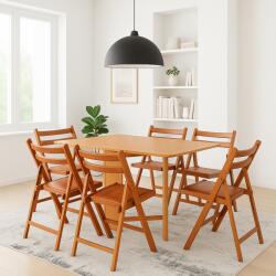CEGIM Set masa plianta Practic, bucatarie si living, Pal Melaminat, insertii lemn masiv, colturi rotunjite, 120x74x75 cm si 6 scaune pliante, tapitate, piele ecologica, cires (S2069,2089x6)