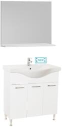 BD Set mobilier baie cu lavoar GN1531, front MDF cu lavoar ceramic, 80 cm, 3 usi, picioare reglabile cromate, balamale soft close si oglinda baie cu polita GN0551, dreptunghiulara, PAL, alb (S3452,3430,3
