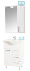 BD Set mobilier baie cu lavoar ceramic GN1531, front MDF, 55 cm, 2 usi, 2 sertare, picioare cromate reglabile, balamale soft close si oglinda cu dulap GN0201, dreptunghiulara, PAL, iluminare led, alb (S3