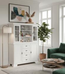 Vamy Set comoda living si dormitor, VM3, 4 sertare, 2 usi si vitrina suprapozabila VMN4, 2 usi, 2 polite, Pal melaminat, cu insertii MDF, Alb Antichizat (S4046,3939) Comoda