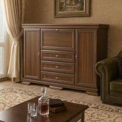 Vamy Comoda living VM6P, o usa rabatabila pentru bar, 2 usi fixe, 3 sertare, Pal melaminat, cu insertii MDF, Nuc (00004140) Comoda
