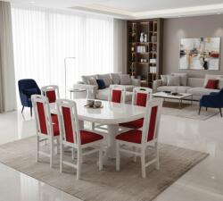Serbia Set masa living extensibila SB Nork, MDF Furniruit, structura lemn masiv, 8 persoane, 198-160x90x74 cm si 6 scaune, tapiterie stofa, lacuit, 120 kg, alb rosu (S3707,3710x6)