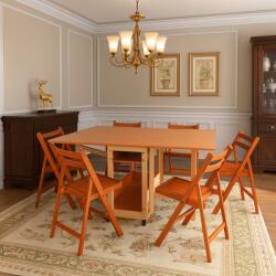 CEGIM Set masa plianta cu spatiu depozitare Util, pentru living si bucatarie, PAL, structura lemn masiv, cu role, 160x96x80 cm si 6 scaune pliante, tapitate, piele ecologica, cires (S2073,2089x6)