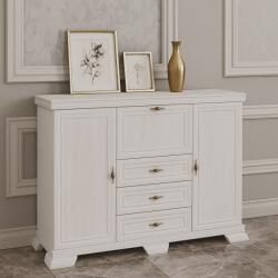 Vamy Comoda living VM6P, o usa rabatabila pentru bar, 2 usi fixe, 3 sertare, Pal melaminat, cu insertii MDF, Alb Antichizat (00004141) Comoda