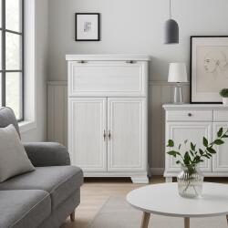 Vamy Comoda living VM5, o usa rabatabila pentru bar, 2 usi fixe, Pal Melaminat, cu elemente din MDF, Alb Antichizat (00003945) Comoda
