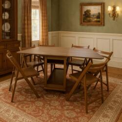 CEGIM Set masa plianta cu spatiu depozitare Util, pentru living si bucatarie, PAL, structura lemn masiv, cu role, 160x96x80 cm si 6 scaune pliante, tapitate, piele ecologica, nuc (S3646,3647x6-3296)