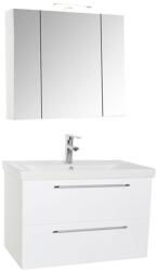 BD Set mobilier baie suspendat, cu lavoar ceramic, GN0541, front MDF, 80 cm, 2 sertare, glisiere soft close si dulap cu oglinda Celine, PAL, iluminare led, alb (S3493,3460)