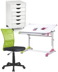 HM Set birou ergonomic HM Collorido inaltime reglabila, unghi inclinare ajustabil, cu scaun HM Dingo verde, mesh, 80 kg si dulapior rulant HM Simon 2, cu roti, front MDF, alb (S1886,1901,1977)