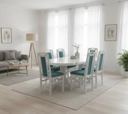 Serbia Set masa living extensibila SB Nork, MDF Furniruit, structura lemn masiv, 8 persoane, 198-160x90x74 cm si 6 scaune, tapiterie stofa, lacuit, 120 kg, alb turcoaz (S3707-3712x6)