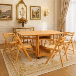 CEGIM Set masa plianta cu spatiu depozitare Util, pentru living si bucatarie, PAL, structura lemn masiv, cu role, 160x96x80 cm si 6 scaune pliante, tapitate, piele ecologica, fag (S23,129x6-280)