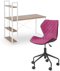 HM Set birou cu rafturi HM Narvik B1, cadru metalic, PAL melaminat, 120x64x120 cm, stejar sonoma alb si scaun birou HM Matrix, Ergonomic, Stofa Piele ecologica, 100 Kg, Negru Roz (S3534,2334)