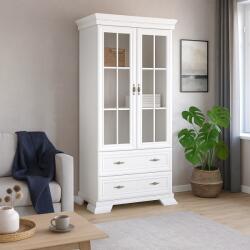 Vamy Vitrina living VMW2, 2 usi, 2 sertare, Pal melaminat, cu insertii MDF, Alb Antichizat (00003929) Comoda