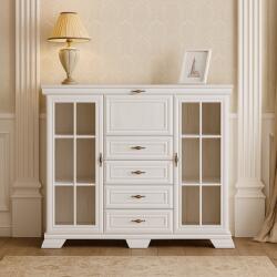 Vamy Comoda living cu vitrina VM7, o usa rabatabila pentru bar, 2 usi fixe, 3 sertare, Pal melaminat, cu insertii MDF, Alb Antichizat (00003942) Comoda