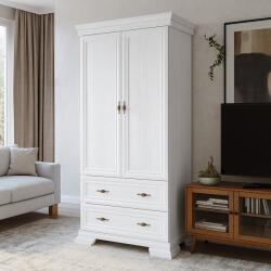 Vamy Dulap living si dormitor VMS1, 2 usi, 2 sertare, cu bara de haine, Pal Melaminat, cu elemente din MDF, Alb Antichizat (00003926) Garderoba