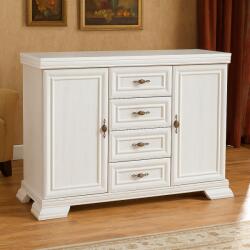 Vamy Comoda living si dormitor, VM3, 4 sertare, 2 usi, Pal melaminat, cu insertii MDF, Alb Antichizat (00003939) Comoda
