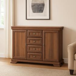 Vamy Comoda living si dormitor, VM3, 4 sertare, 2 usi, Pal melaminat, cu insertii MDF, Nuc (00003918) Comoda