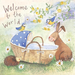 Alex Clark Képeslap Alex Clark borítékkal, 14x14 cm, nyuszi és madarak bölcsővel (AC564)