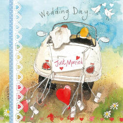 Képeslap Alex Clark borítékkal, 14x14 cm, Just Married autó (AC632)
