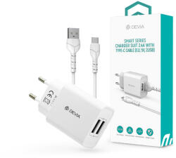 DEVIA Smart Series 12W 2xUSB hálózati töltő adapter + USB/Type-C kábel 1m - fehér